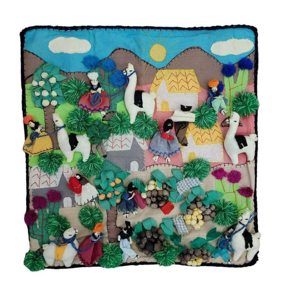 Handstitched Llama Tapestry Folksy Sewn Artwork Wall‎ Hanging Travel Vintage